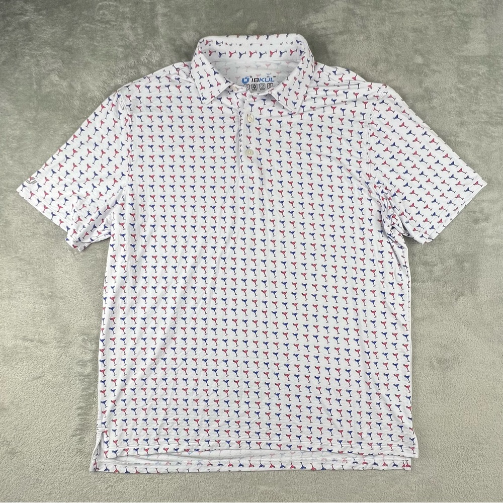 IBKUL Short Sleeve Performance Polo Men’s Large White Red Blue Drinking Cocktail
